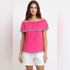Sail to Sable off Shoulder Cotton Top with Pom Poms